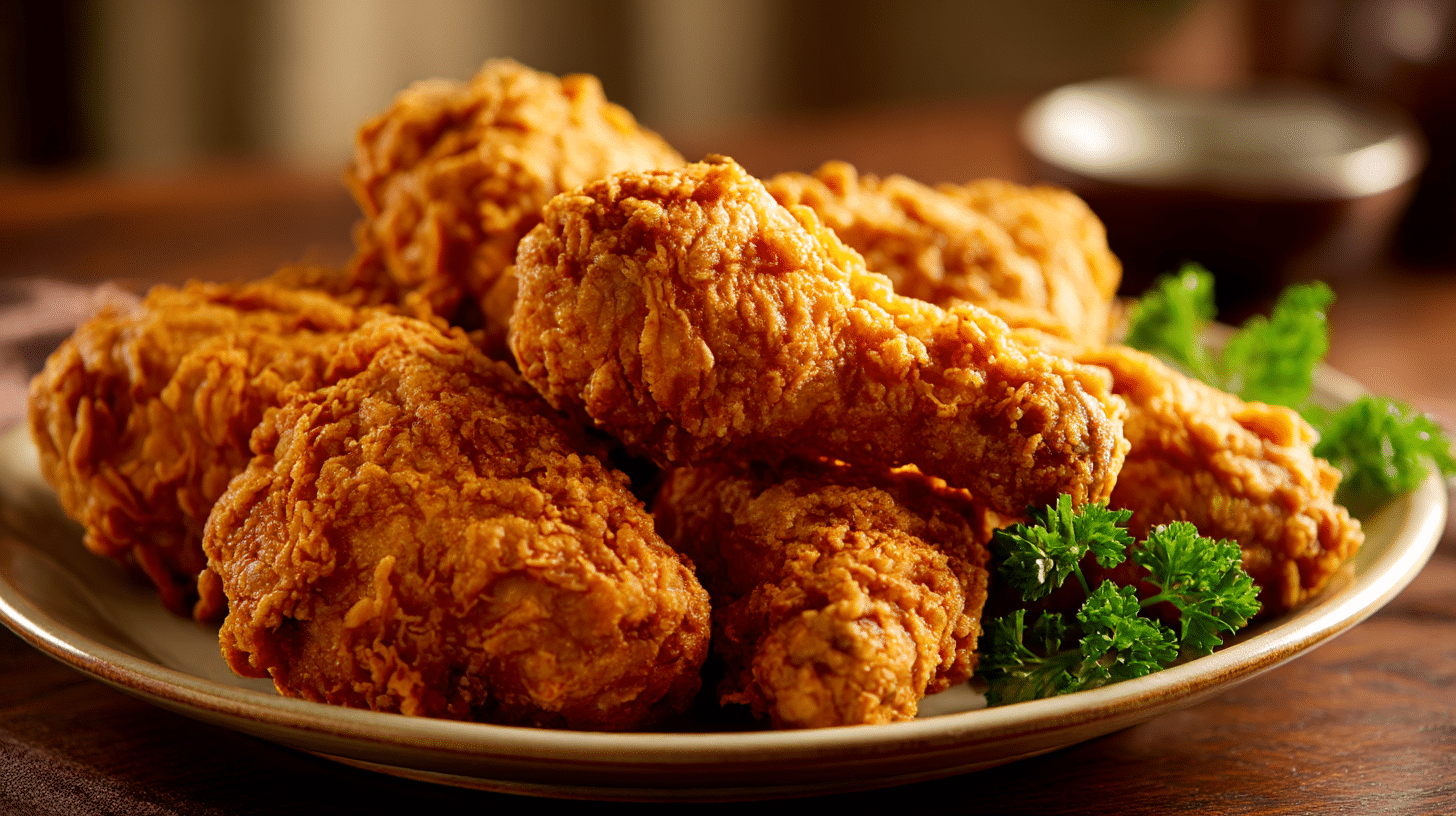 Serviervorschlag des original KFC Rezepts mit Beilagen und Dips