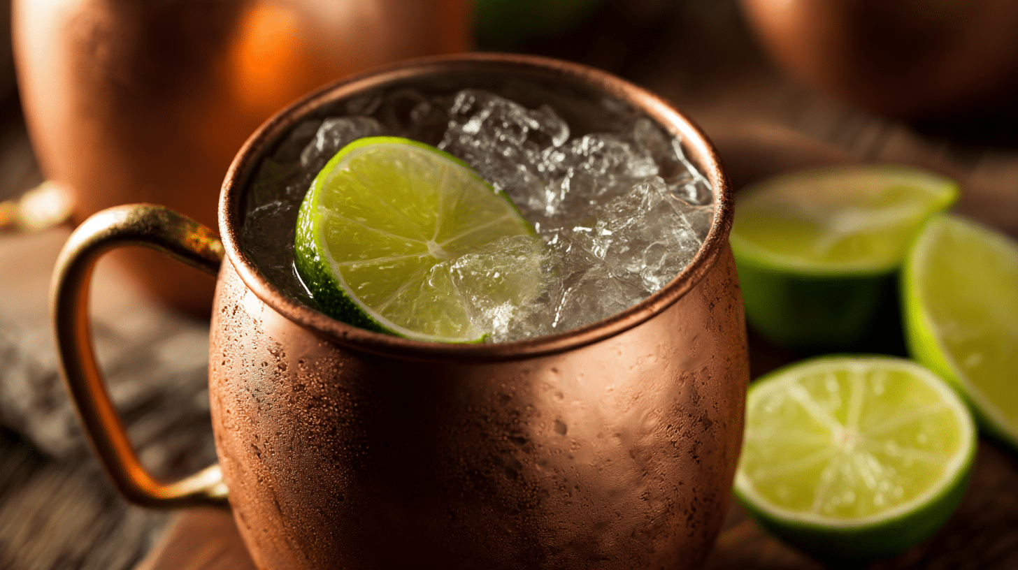 Original Moscow Mule in Kupferbecher mit frischer Limette und Minze