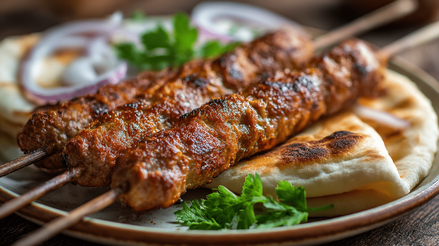 Original Adana Kebap auf Teller mit scharfer Soße und Beilagen