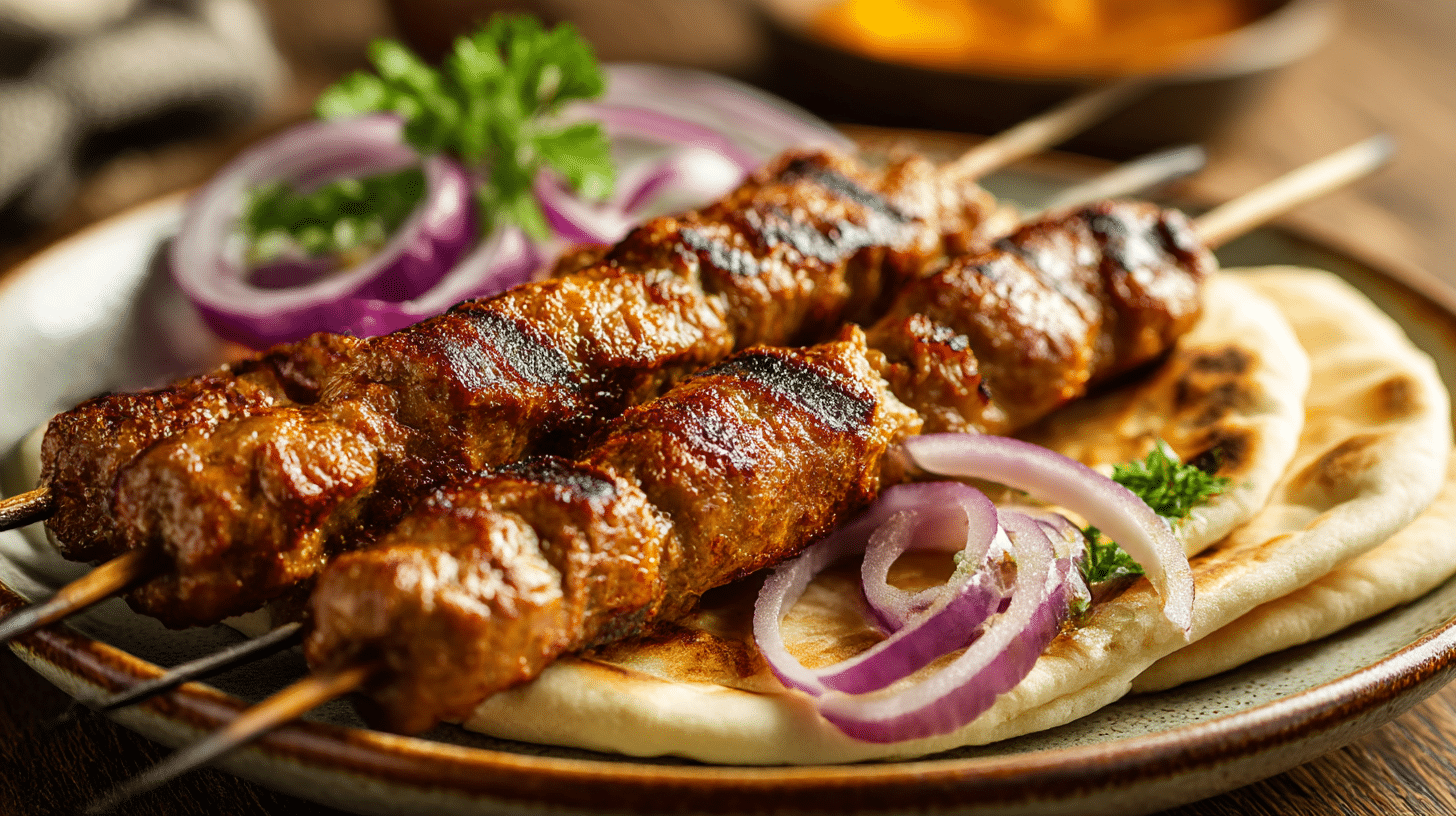 Original Adana Kebap auf Grill mit frischem Gemüse und Beilagen