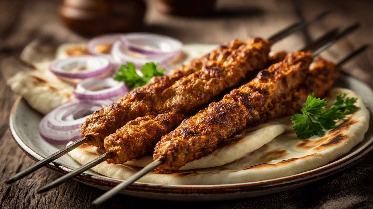Nahaufnahme von original Adana Kebap auf dem Grill mit rauchigen Aromen