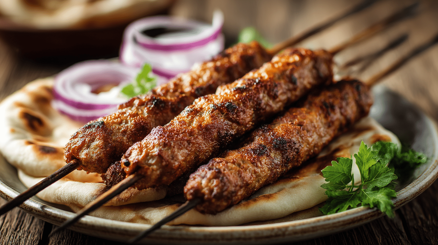 Servierter original Adana Kebap mit Beilagen wie Reis und Salat