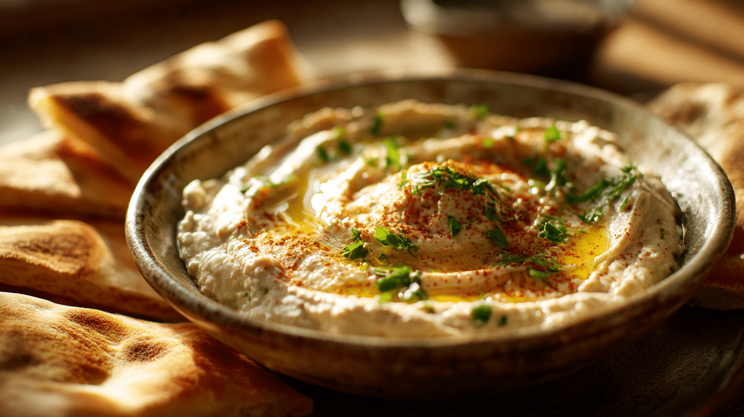 Original Baba Ganoush in einer Schüssel aus Keramik, serviert mit frischem Brot