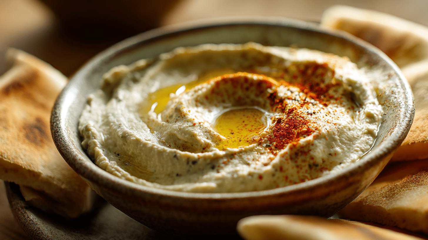 Nahaufnahme von original Baba Ganoush, dekoriert mit Olivenöl und Granatapfelkernen