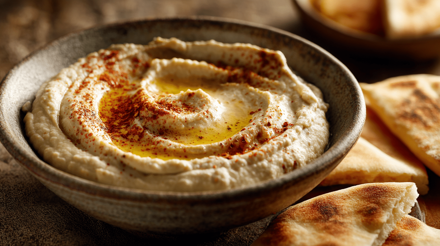 Original Baba Ganoush dekorativ angerichtet mit frischen Kräutern und Gemüse