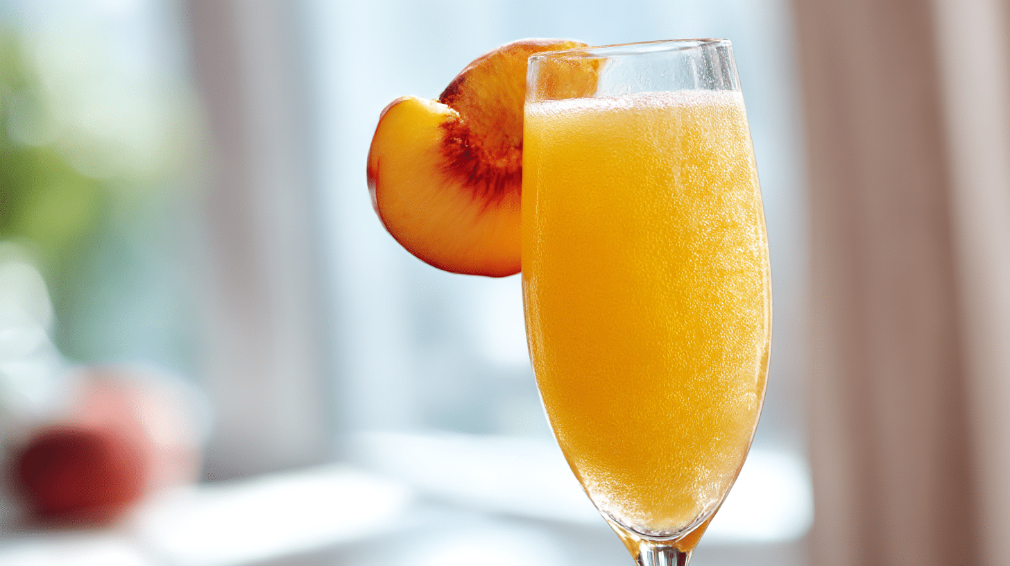 Zubereitungsprozess eines original Bellini mit pürierten Pfirsichen und Prosecco