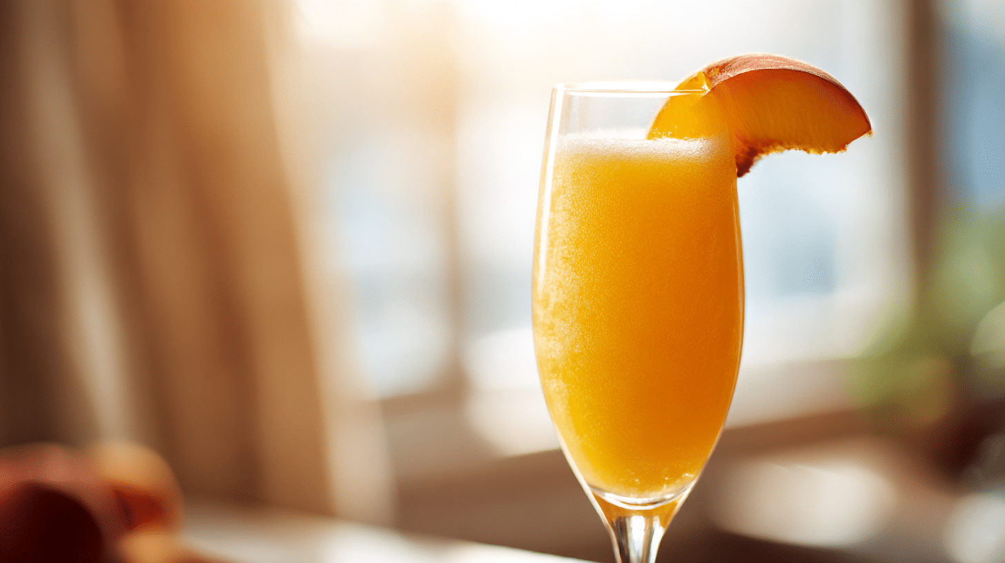 Servierte Gläser mit original Bellini garnierte mit frischen Pfirsichscheiben