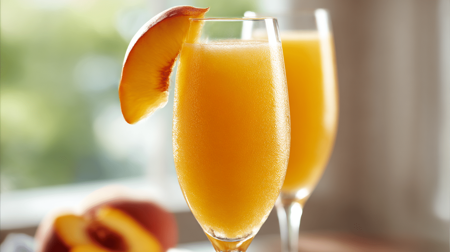 Zutaten für den original Bellini: frische Pfirsiche und Prosecco auf einem Holzbrett