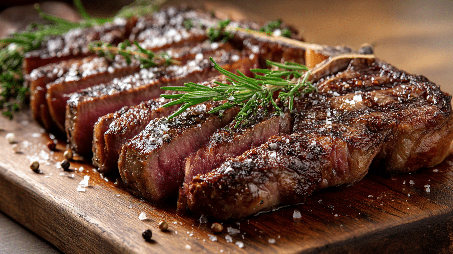 Nahaufnahme der Textur von Bistecca Fiorentina auf dem Grill