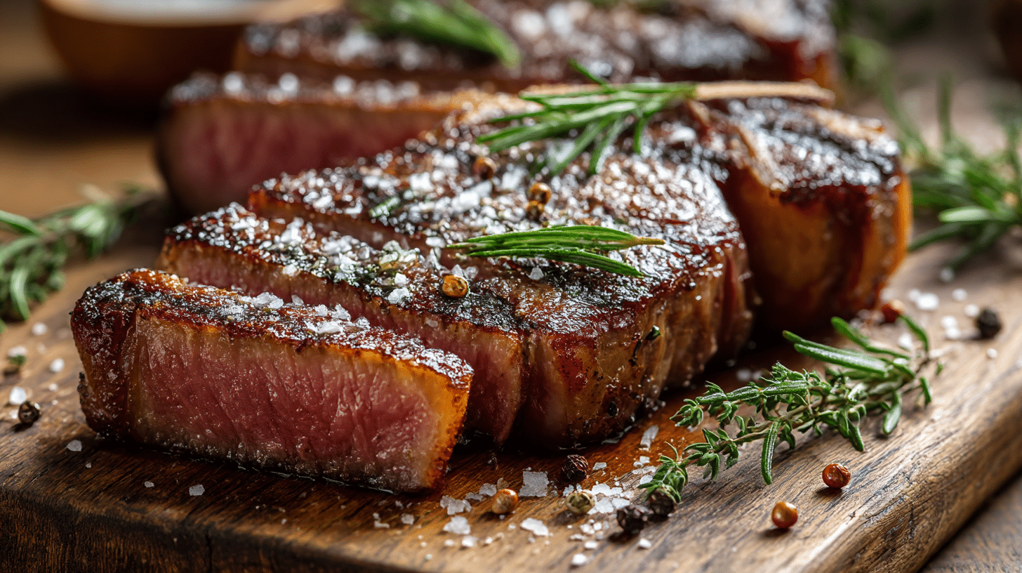 Bistecca Fiorentina serviert mit traditionellen Beilagen und Kräutern