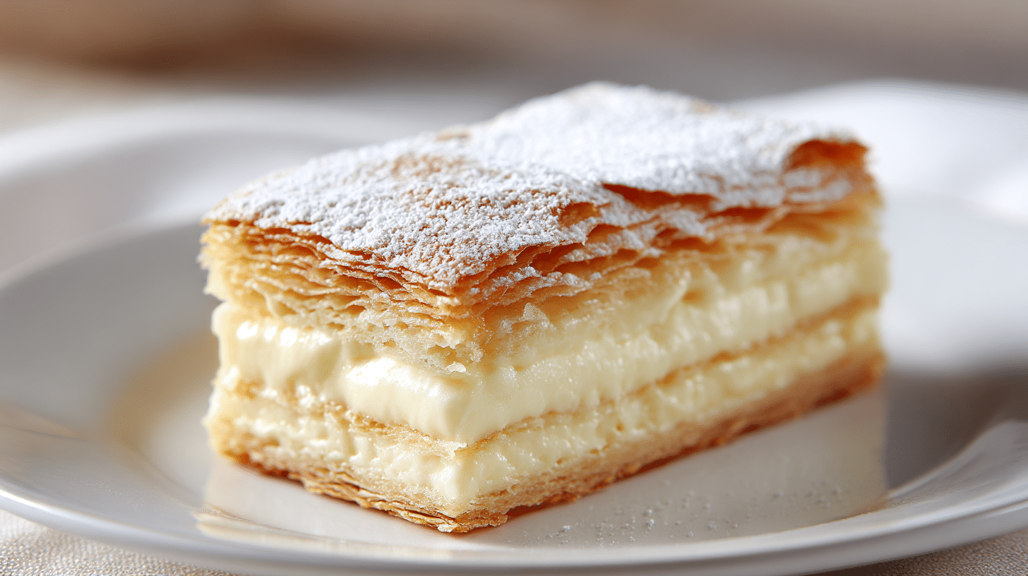 Anschnitt der original Bleder Cremeschnitte, der die schichtenfüllende Creme sichtbar macht