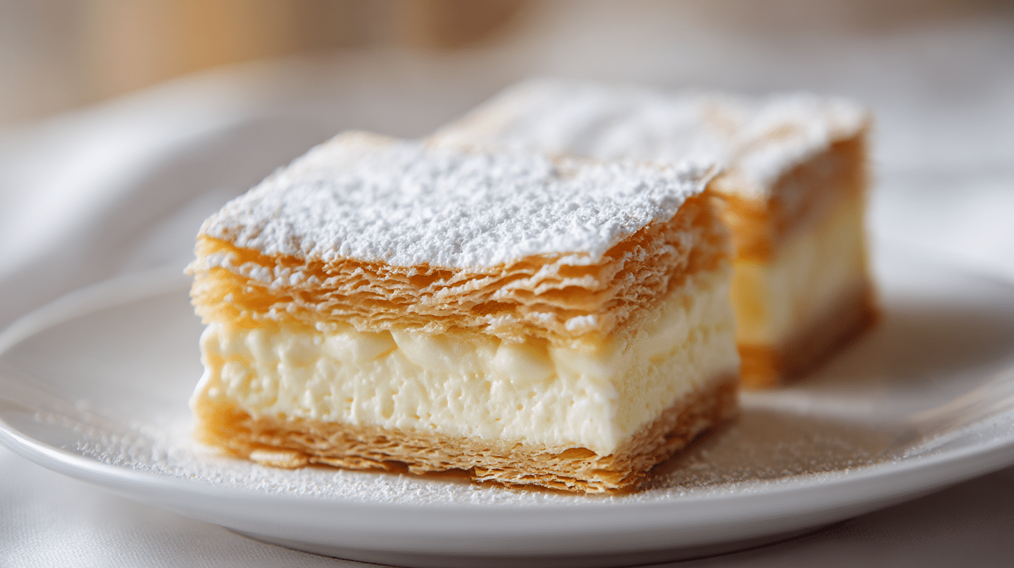 Original Bleder Cremeschnitte 1 Original Bleder Cremeschnitte in voller Pracht auf einem eleganten Teller serviert