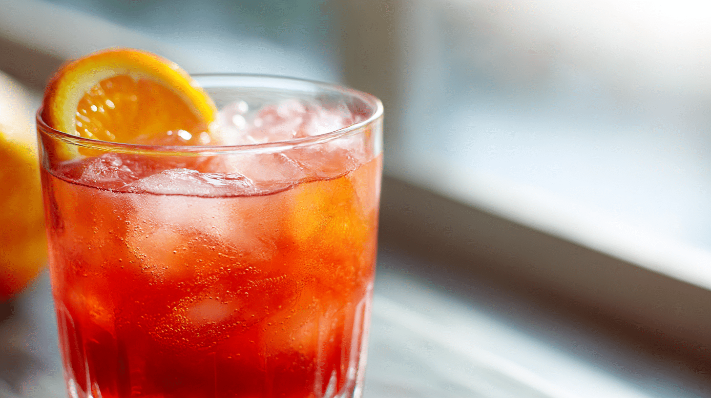 Ein Glas Campari Orange mit frischen Orangen und Eiswürfeln auf einem Tisch