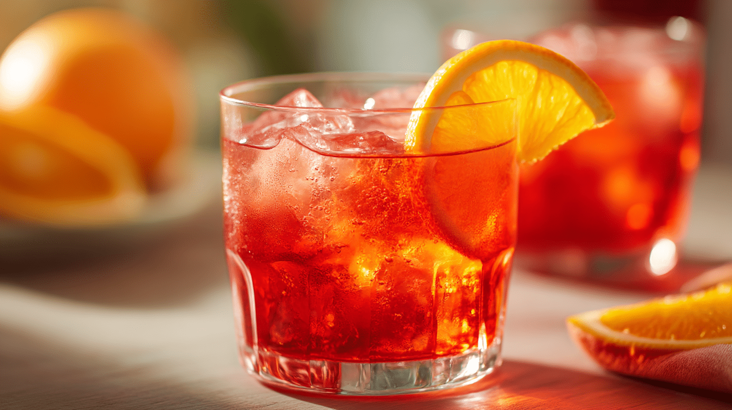 Campari Orange zusammen mit kleinen Appetithäppchen auf einem Tisch