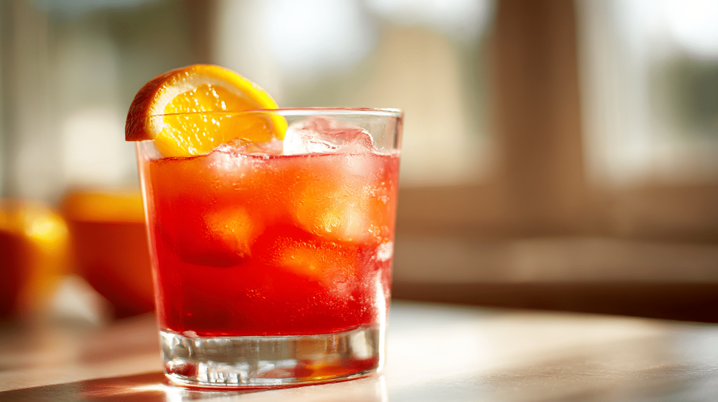 Campari Orange bei Sonnenuntergang auf einem Balkon serviert