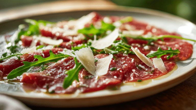 Original Carpaccio auf Teller, garniert mit Rucola und Parmesan