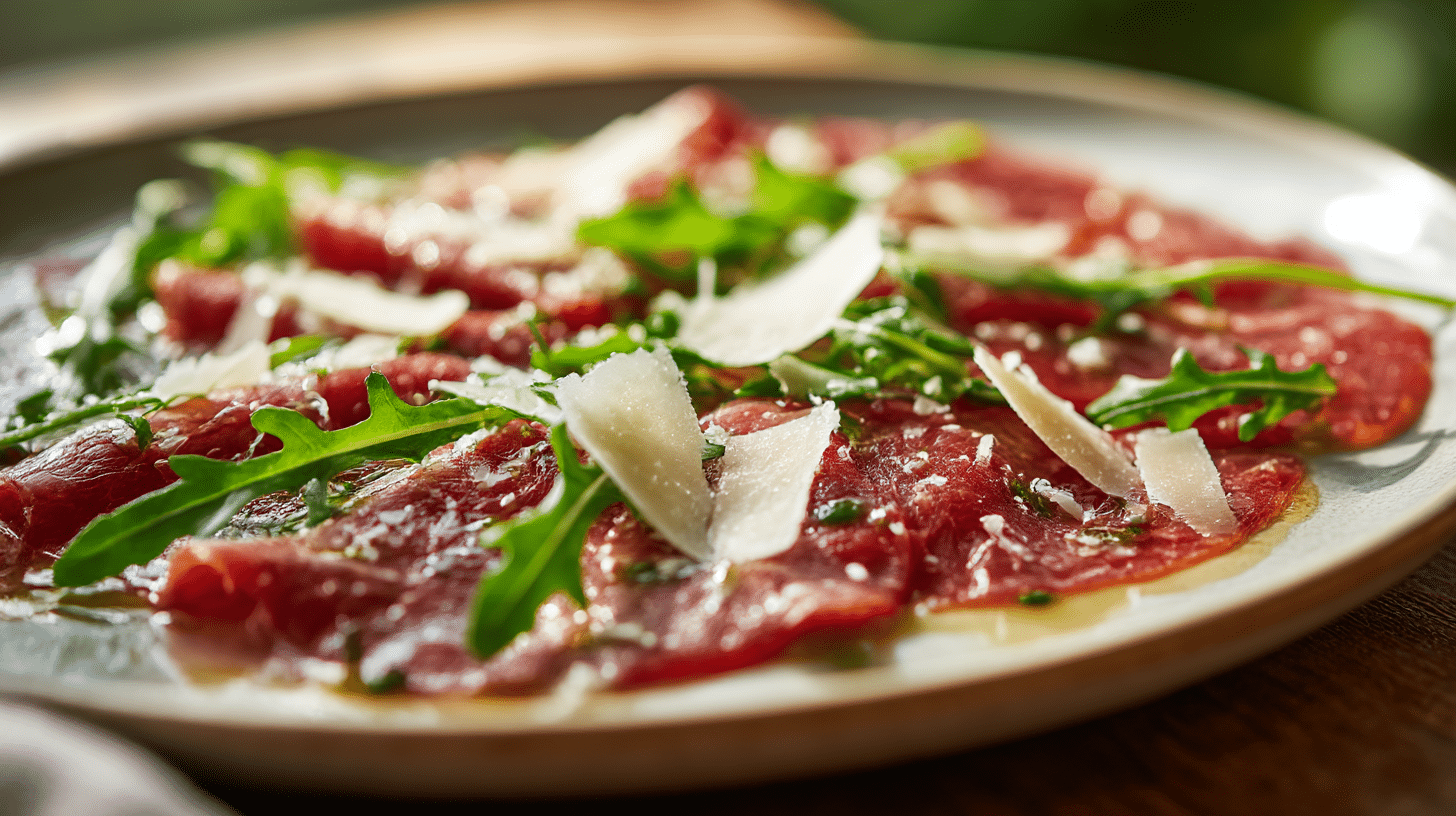 Original Carpaccio auf Teller, garniert mit Rucola und Parmesan