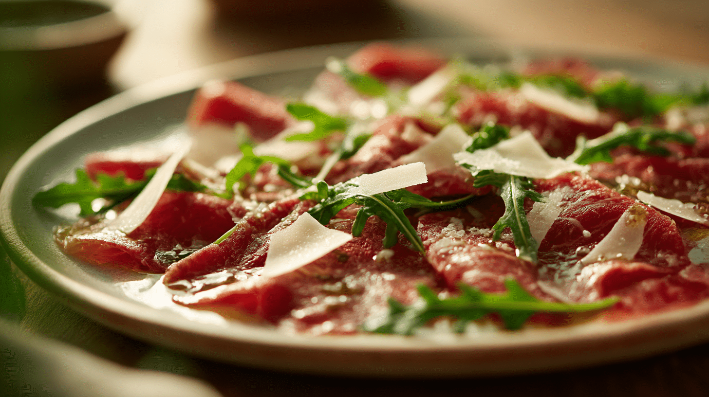 Nahaufnahme des original Carpaccio mit zarter Fleischstruktur
