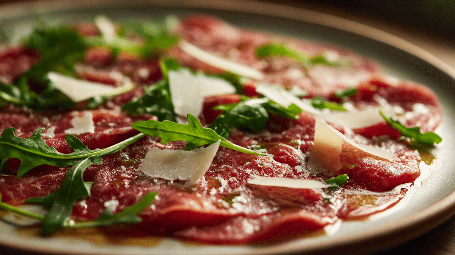 Original Carpaccio mit Baguette und Kräuterbutter auf dem Tisch
