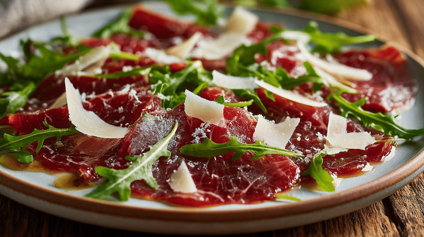 Obenansicht des original Carpaccio-Platters mit Zitronenscheiben
