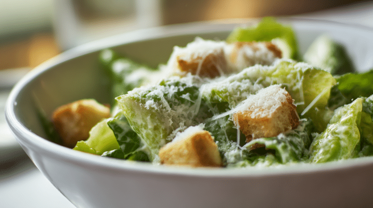 Original Cesar Salat in großer Schüssel mit frischen Zutaten und Dressing