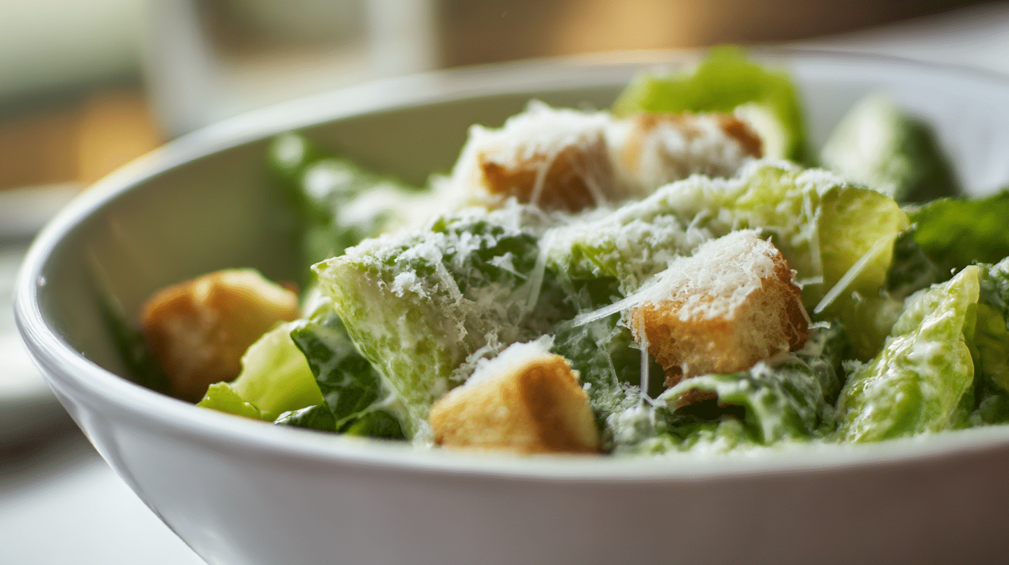 Original Cesar Salat in großer Schüssel mit frischen Zutaten und Dressing