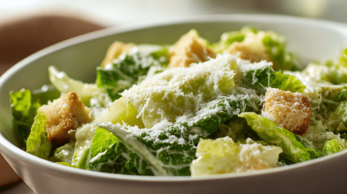 Original Cesar Salat auf Teller mit knusprigen Croutons und frischen Kräutern