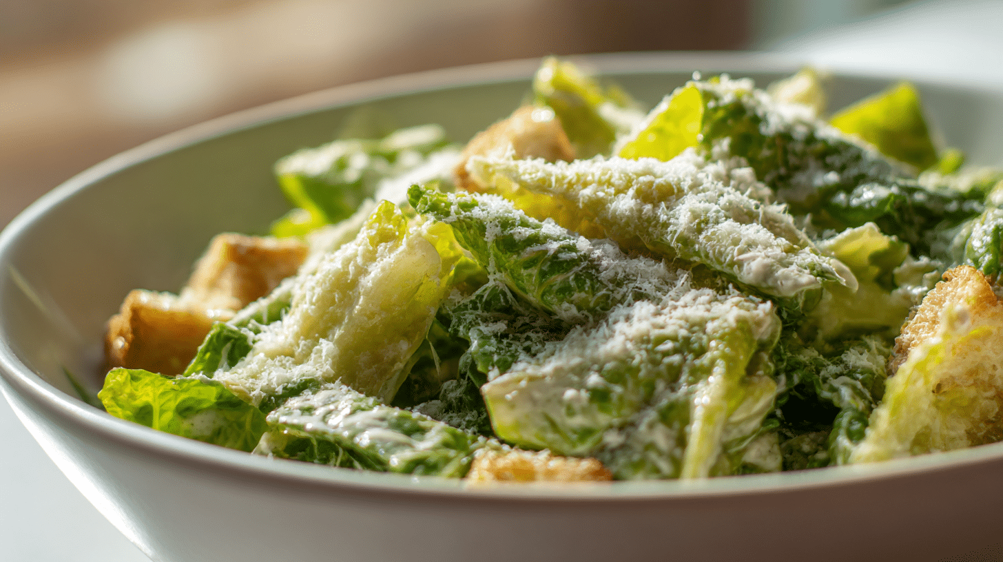 Original Cesar Salat mit gegrillter Hühnerbrust auf Teller serviert