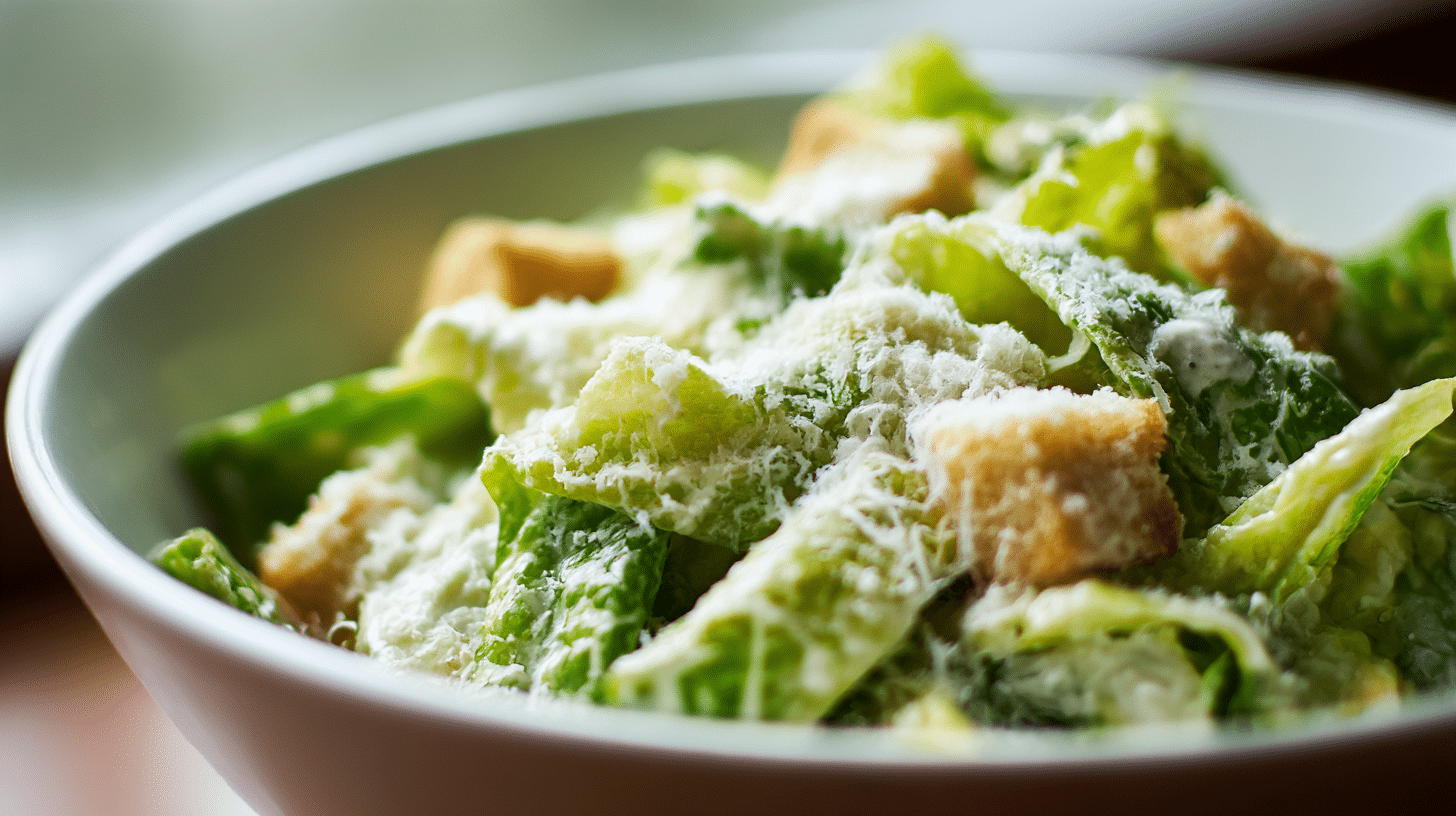 Nahaufnahme des Original Cesar Salats mit cremigem Dressing und Parmesan