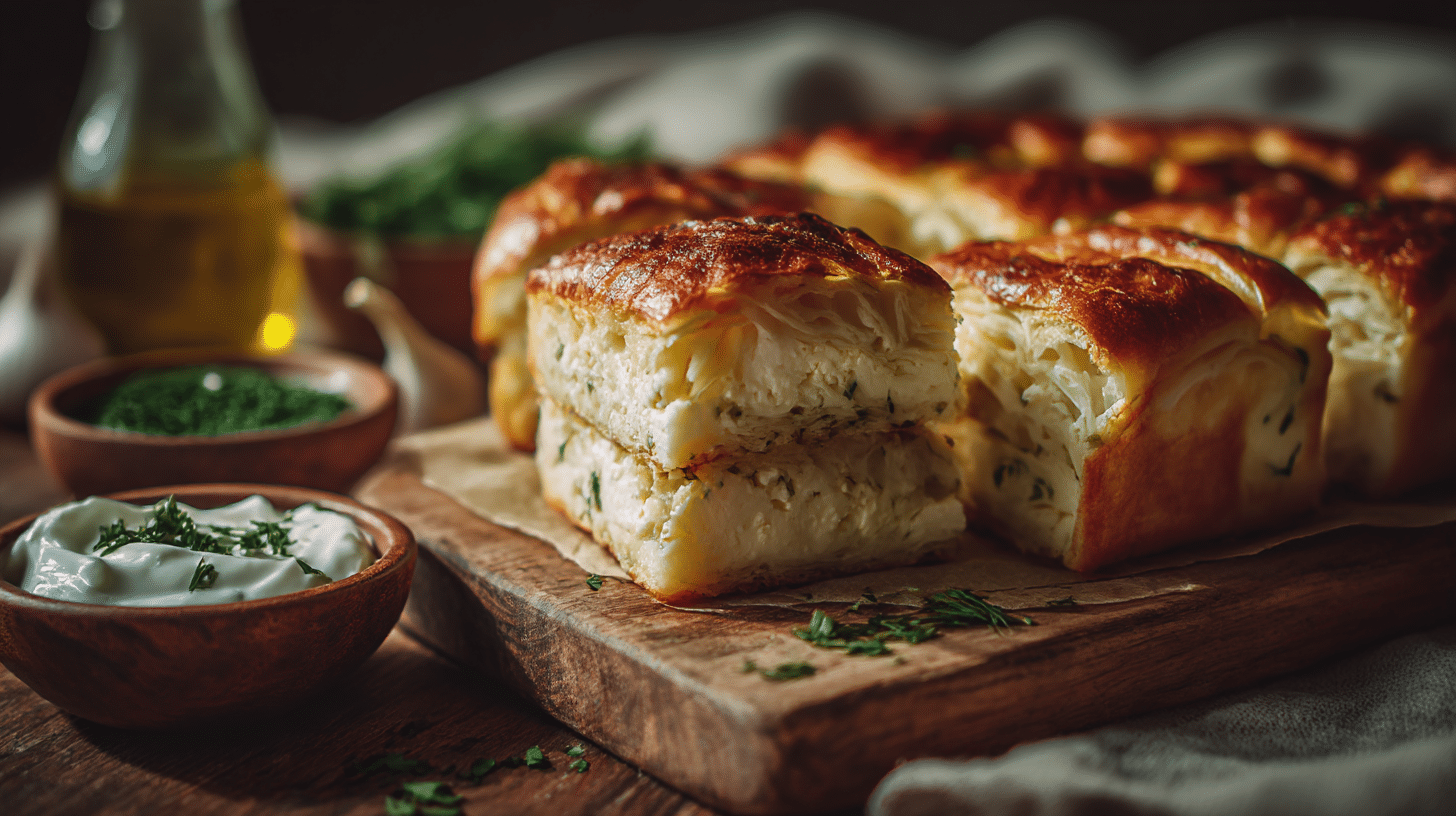 Servierte Portion der original Gibanica auf festlich gedecktem Tisch