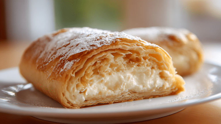 Millirahmstrudel Original 9 Geschnittener Millirahmstrudel mit Vanillepudding-Füllung und Puderzucker