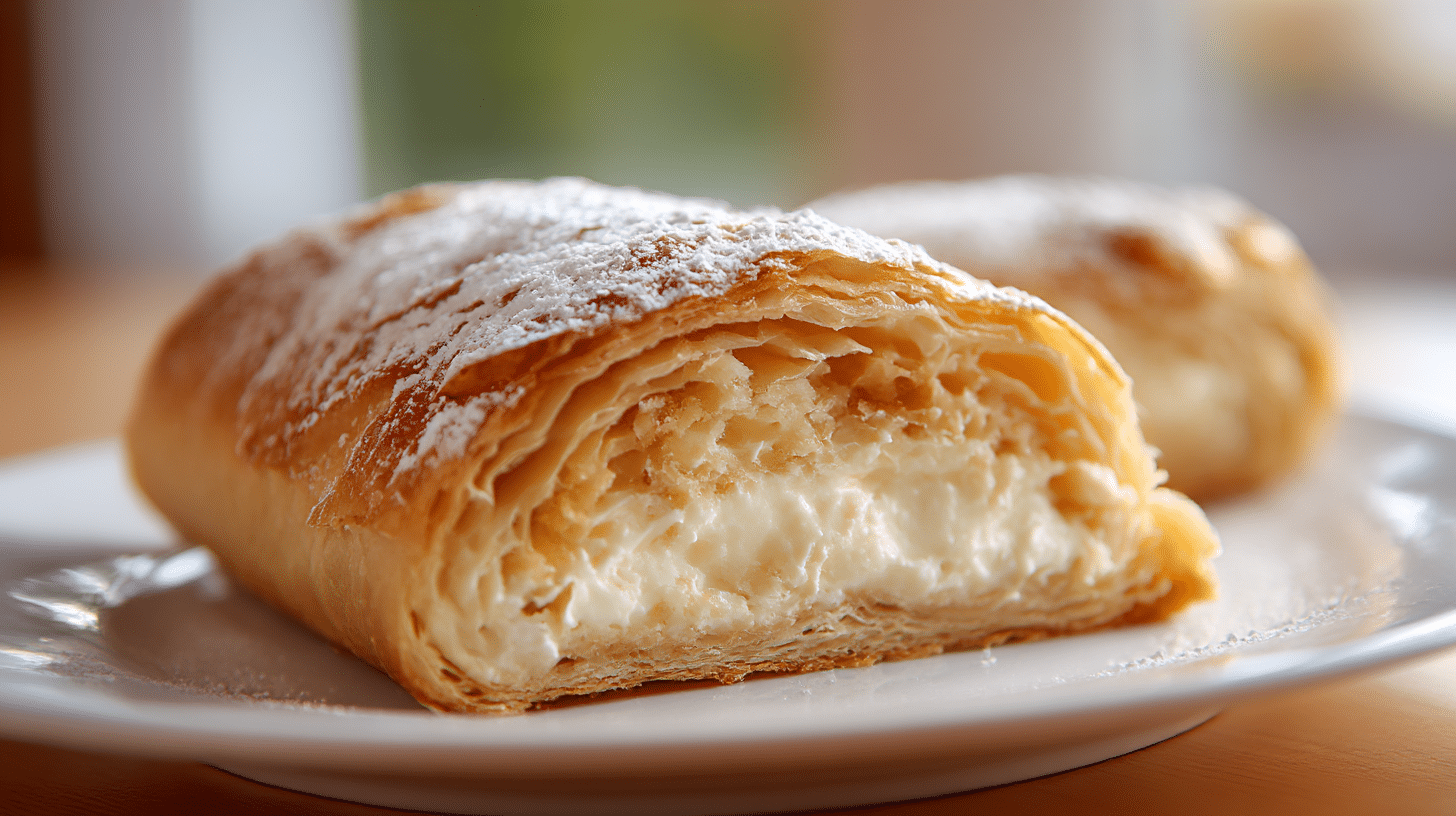 Geschnittener Millirahmstrudel mit Vanillepudding-Füllung und Puderzucker