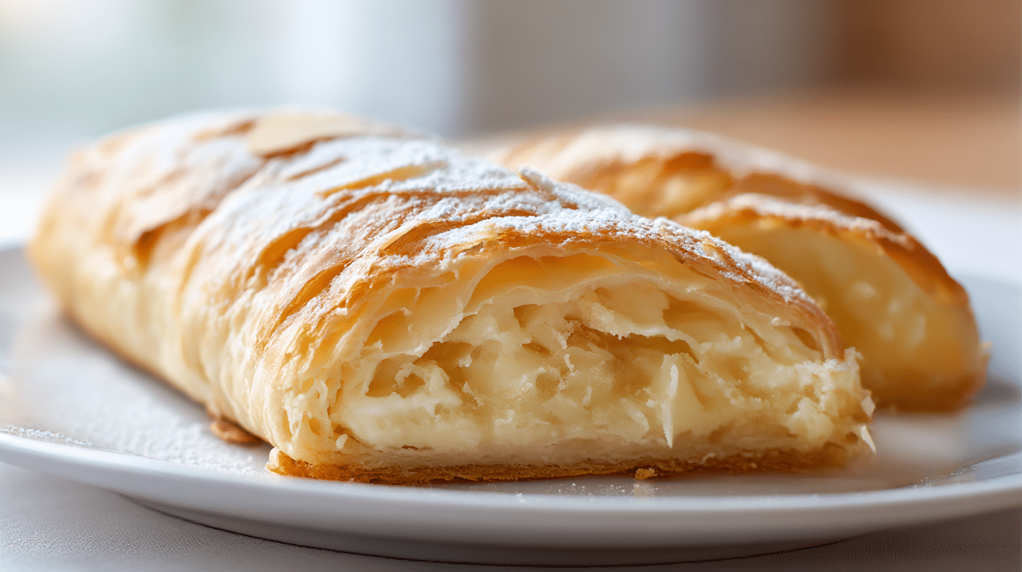 Millirahmstrudel mit frischen Beeren und Puderzucker dekoriert