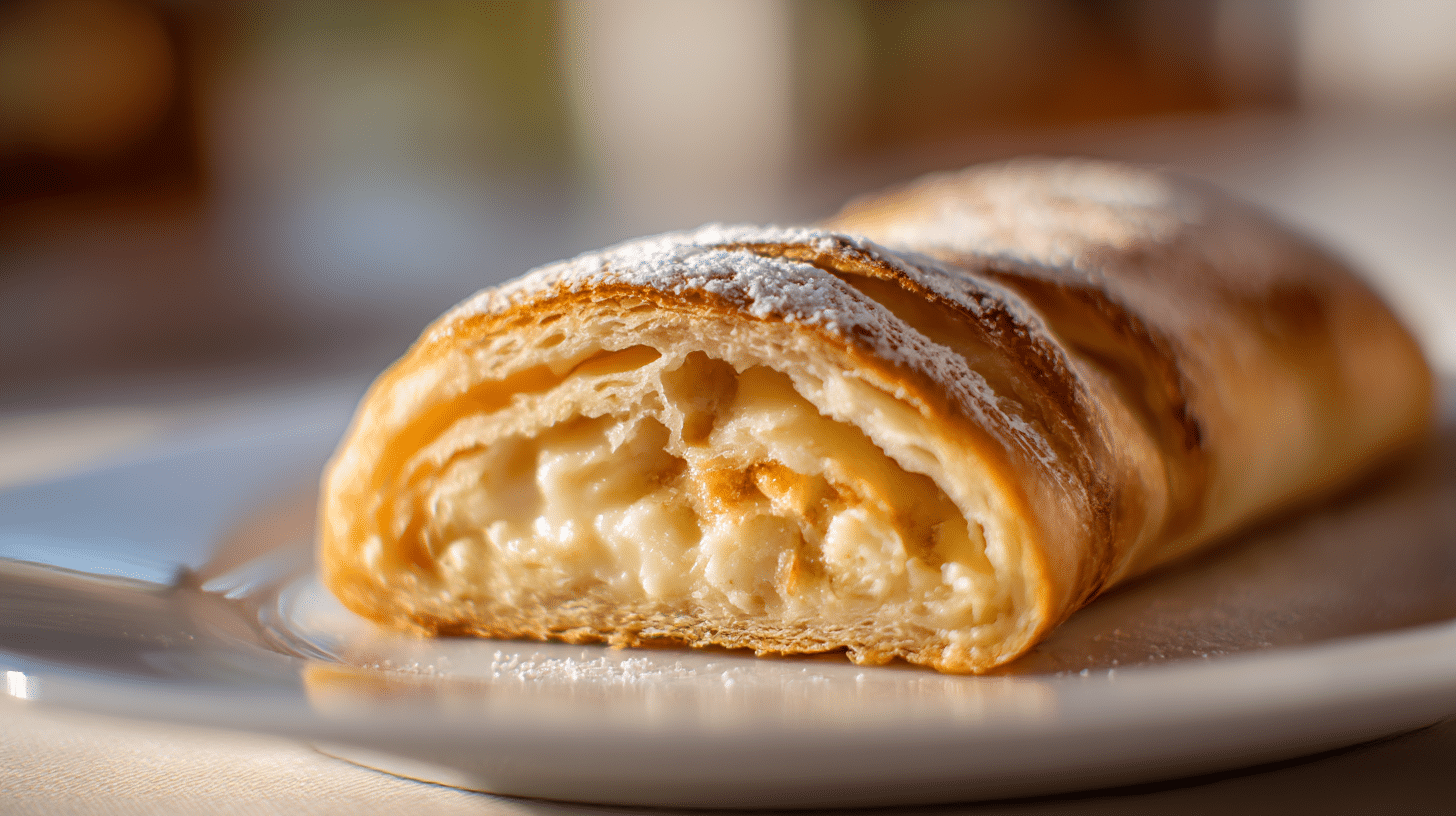 Nahaufnahme der Füllung im Millirahmstrudel zeigt die cremige Konsistenz