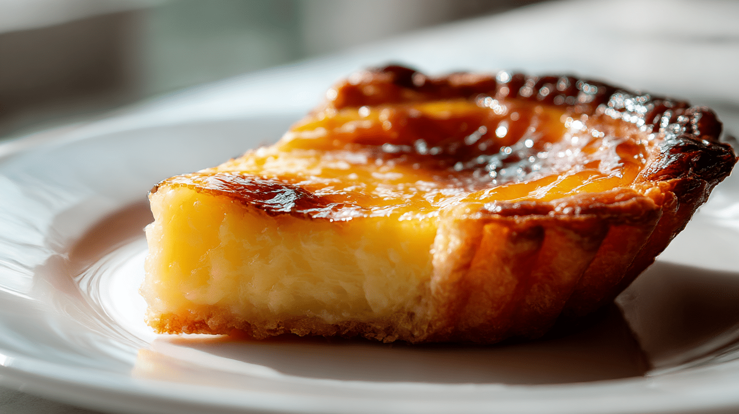 Obenansicht eines original Pastel de Nata mit karamelisierter Oberfläche