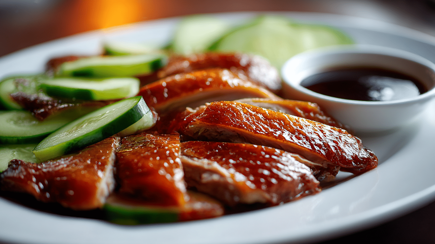 Original Pekingente kunstvoll angerichtet auf einem großen Servierteller