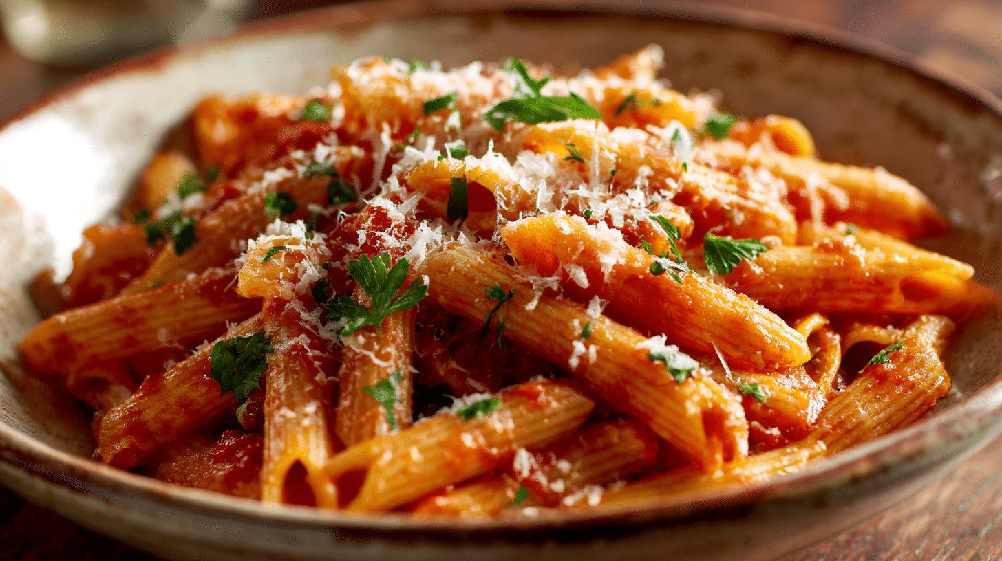 Original Penne Arrabiata serviert in traditioneller Schüssel mit frischen Kräutern