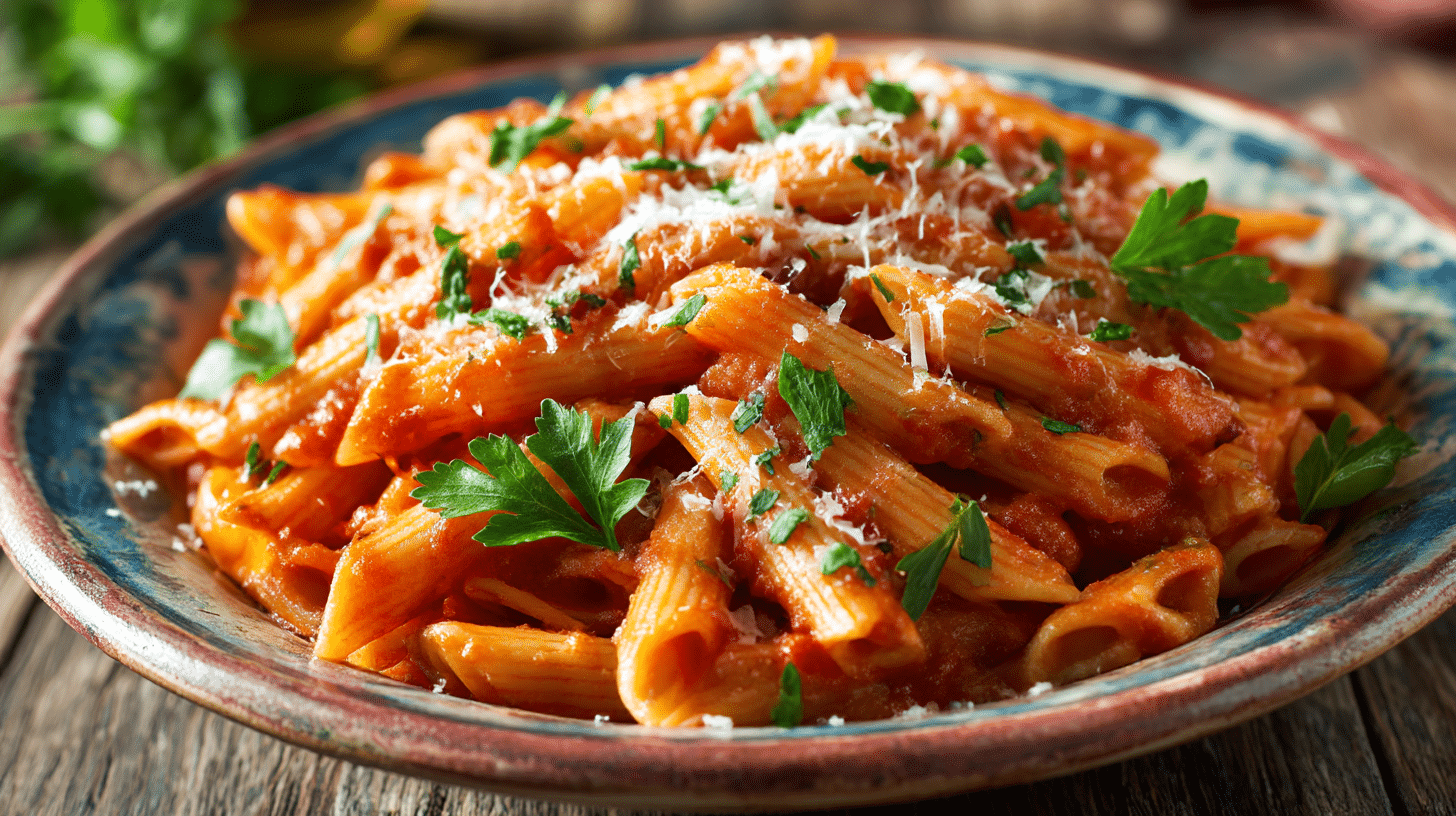 Nahaufnahme von original Penne Arrabiata mit frischen Tomaten und Chilis als Hauptzutaten