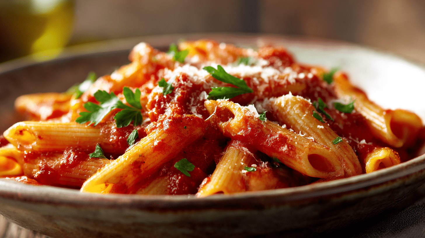 Servierte Portion original Penne Arrabiata mit Parmesan und Basilikum dekoriert