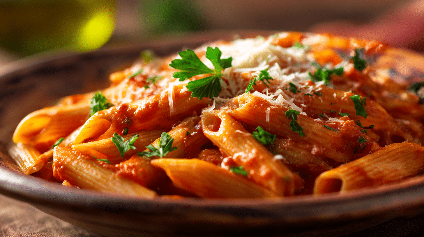 Penne Arrabiata während der Zubereitung in der Pfanne mit frischen Zutaten