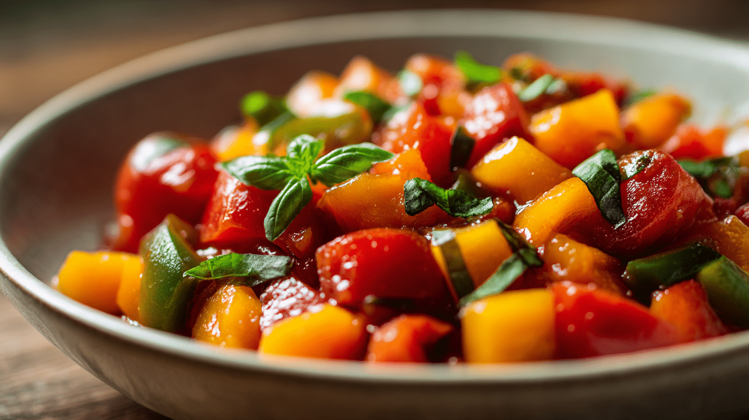 Detailaufnahme der bunten Gemüsestücke in original Peperonata, frisch und aromatisch