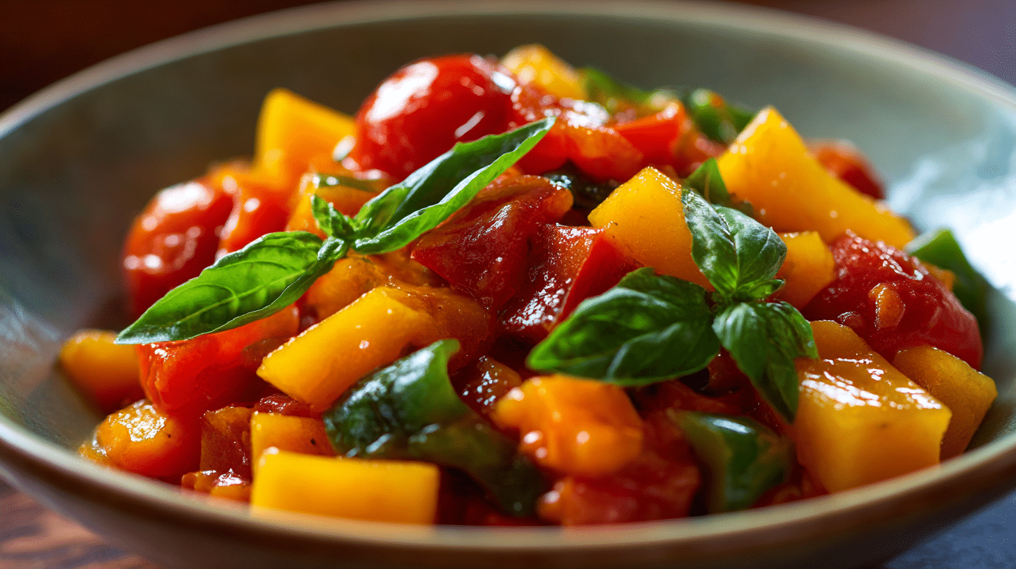 Original Peperonata in einer großen Servierschüssel, frisch zubereitet mit buntem Gemüse