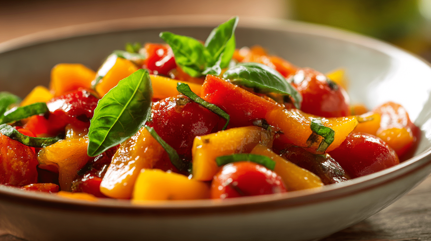 Nahaufnahme des Kochvorgangs mit original Peperonata in der Pfanne, köchelnd und duftend