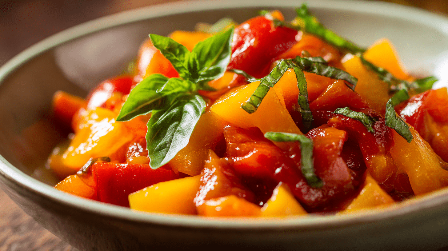 Serviervorschlag mit einer Portion original Peperonata auf einem Teller, dekoriert mit frischen Kräutern