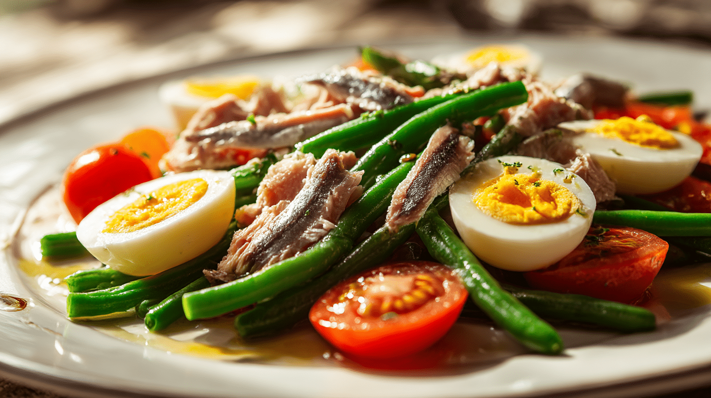 Original Salat Niçoise angerichtet auf einem großen Teller mit frischen Zutaten