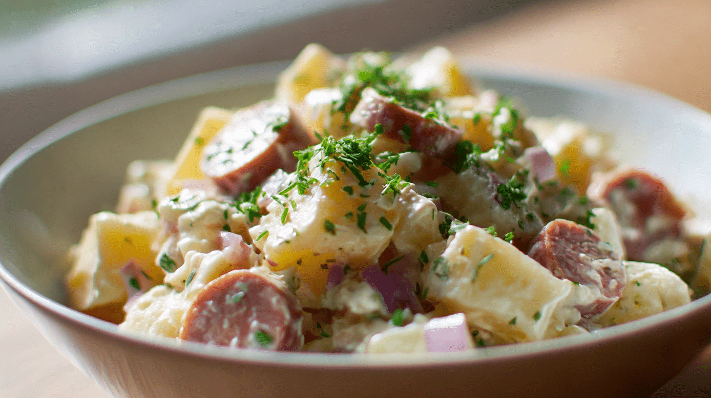 Nahaufnahme der frischen Kräuter im original schlesischen Kartoffelsalat