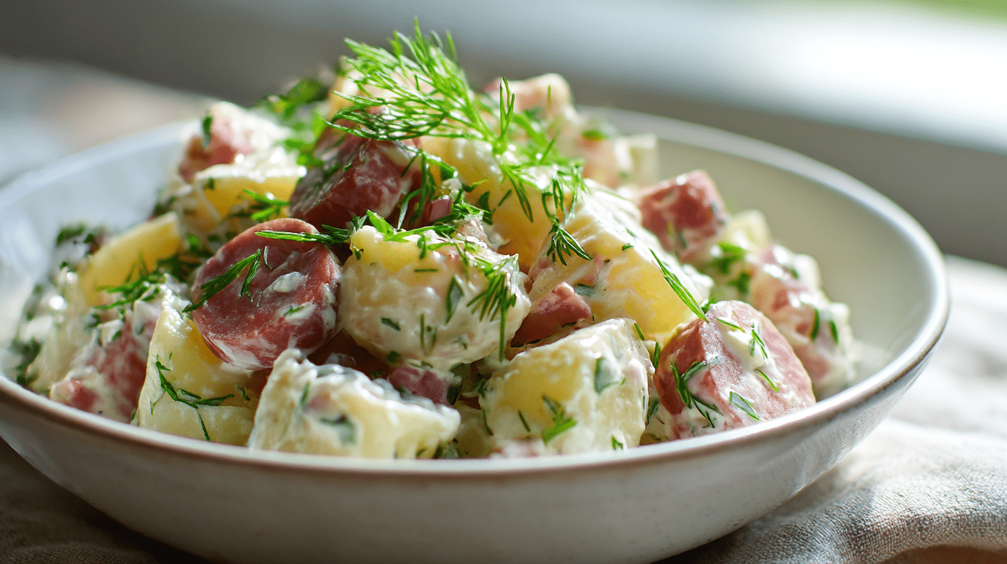 Servierte Portion original schlesischer Kartoffelsalat auf einem Teller mit Wurst und Brötchen