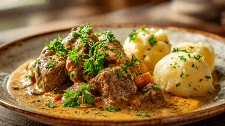 Svíčková Rezept Original 4 Original Svickova auf Teller mit frischem Gemüse und Soße