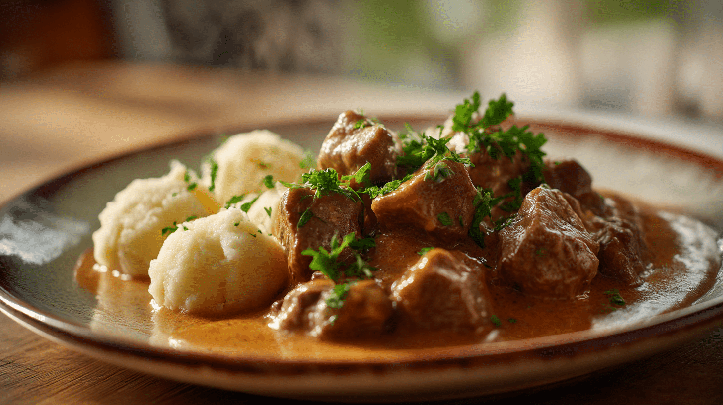 Scheibe original Svickova mit Klößen und Soße auf Teller