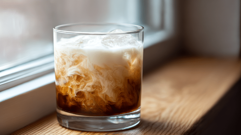 White Russian Original 3 Original Weißer Russe in einem Glas mit Eiswürfeln und einem Schuss Sahne